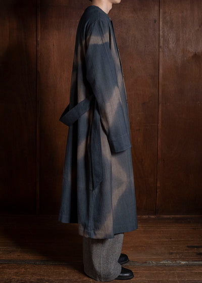 SUZUSAN 8044W-525 Wool Glen Check Wrap Coat itajime shibori X 2260 Dark Blue - Brown