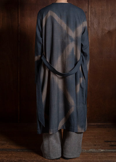 SUZUSAN 8044W-525 Wool Glen Check Wrap Coat itajime shibori X 2260 Dark Blue - Brown