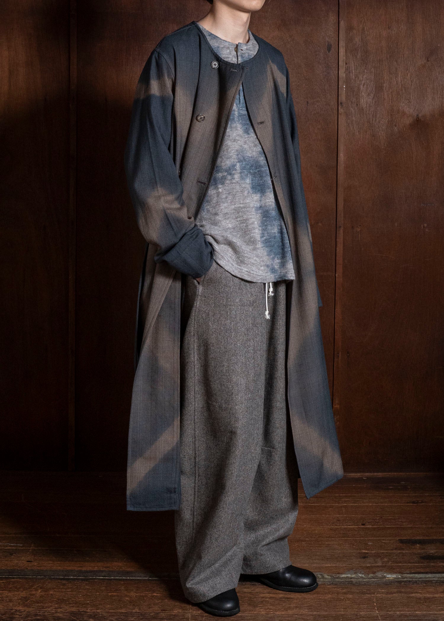 SUZUSAN 8044W-525 Wool Glen Check Wrap Coat itajime shibori X 2260 Dark Blue - Brown