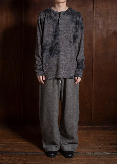 SUZUSAN 2079WLC-010 Dual Layered Wool Linen Cotton Jersey Long Sleeve Henley madara sibori 1067 Black - Muddy Brown