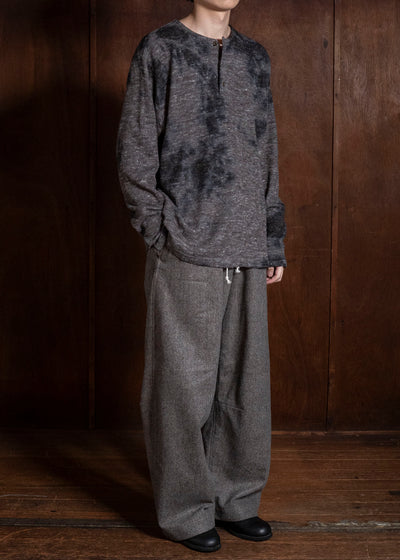 SUZUSAN 2079WLC-010 Dual Layered Wool Linen Cotton Jersey Long Sleeve Henley madara sibori 1067 Black - Muddy Brown