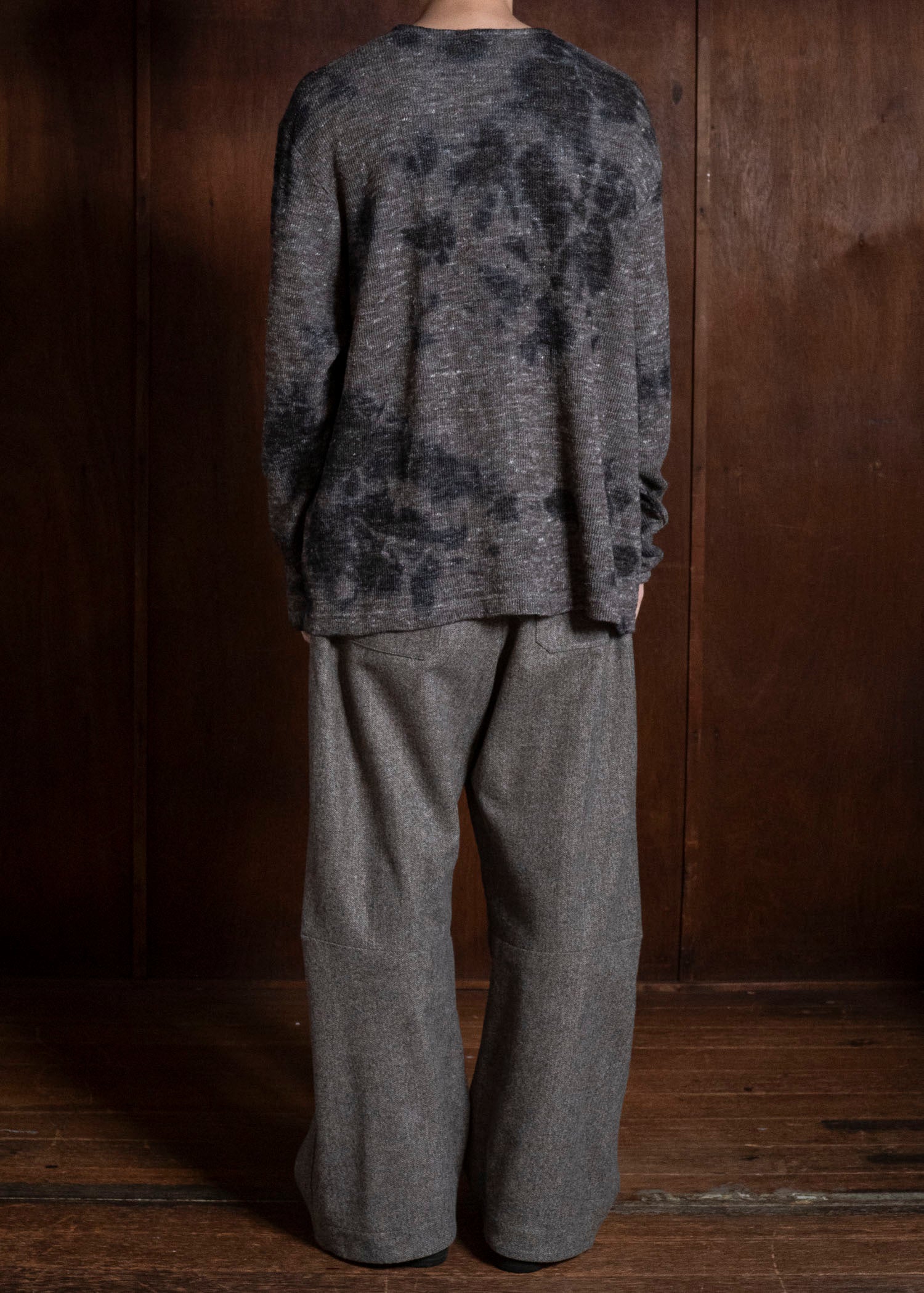 SUZUSAN 2079WLC-010 Dual Layered Wool Linen Cotton Jersey Long Sleeve Henley madara sibori 1067 Black - Muddy Brown