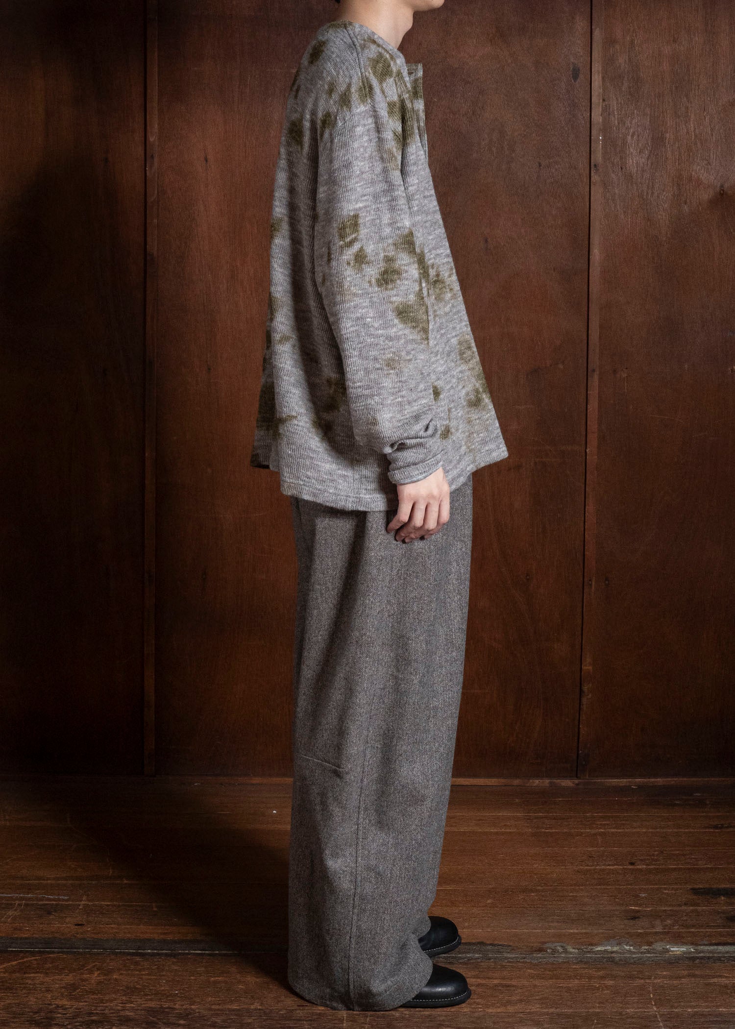 SUZUSAN 2079WLC-010 Dual Layered Wool Linen Cotton Jersey Long Sleeve Henley madara sibori 4812 Olive - Grey