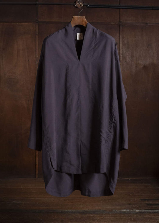 JAN-JAN VAN ESSCHE TUNIC#42 KIMONO COLLAR LOOSE FIT TUNIC WITH KNIFE PLEAT Washed Silk Lawn | Sumi Shiso
