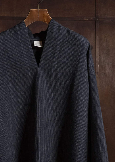 JAN-JAN VAN ESSCHE TUNIC#42 KIMONO COLLAR LOOSE FIT TUNIC WITH KNIFE PLEAT Wool Cotton Cloth | Striped