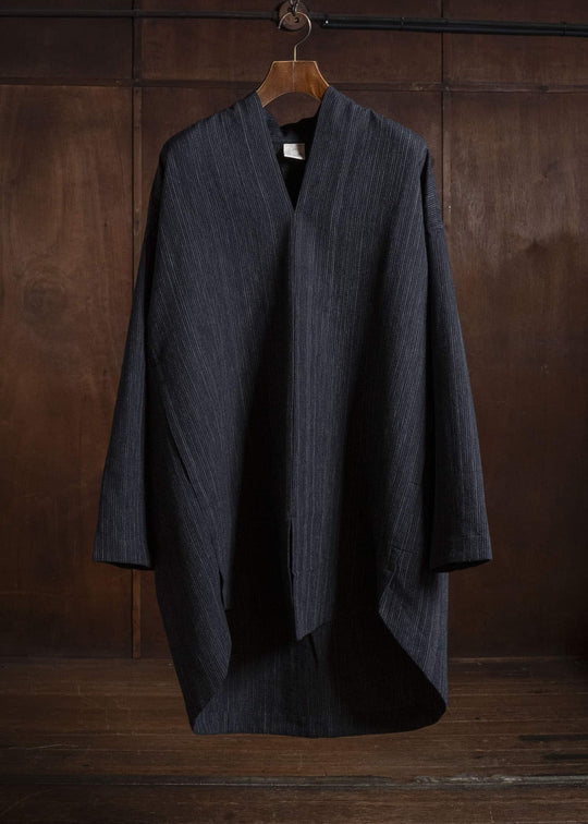 JAN-JAN VAN ESSCHE TUNIC#42 KIMONO COLLAR LOOSE FIT TUNIC WITH KNIFE PLEAT Wool Cotton Cloth | Striped