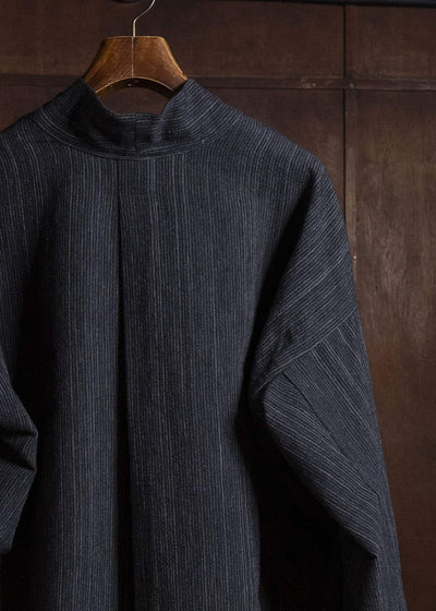 JAN-JAN VAN ESSCHE TUNIC#42 KIMONO COLLAR LOOSE FIT TUNIC WITH KNIFE PLEAT Wool Cotton Cloth | Striped