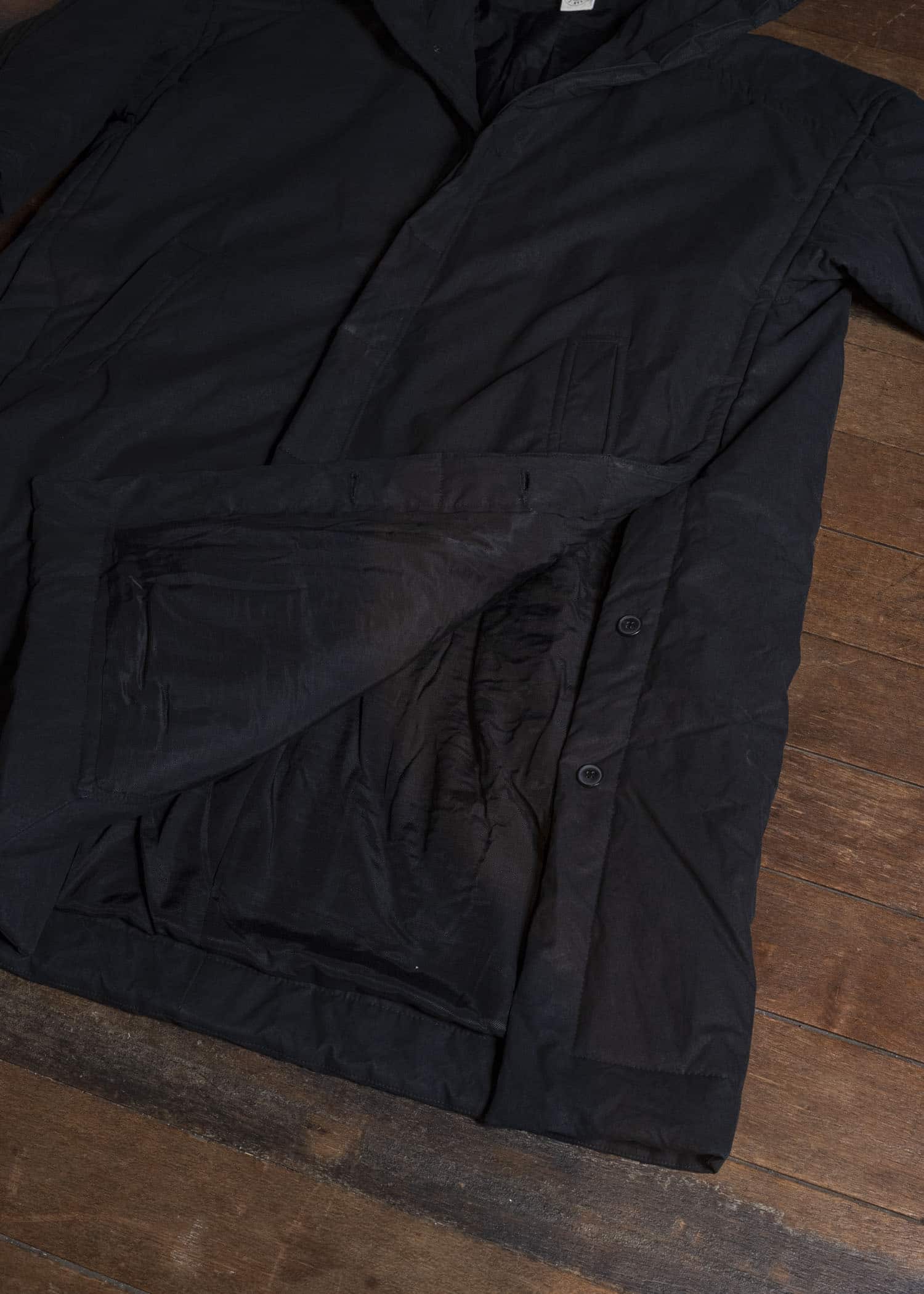 JAN-JAN VAN ESSCHE COAT#36 PADDED COAT WITH STANDING COLLAR, FULLY LINED Time Washed Canvas | Padded Deep Black