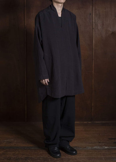 JAN-JAN VAN ESSCHE TUNIC#42 KIMONO COLLAR LOOSE FIT TUNIC WITH KNIFE PLEAT Linen Silk Shirting | Sumi Kuro