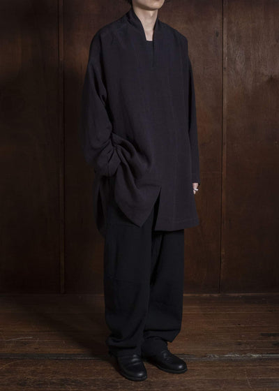 JAN-JAN VAN ESSCHE TUNIC#42 KIMONO COLLAR LOOSE FIT TUNIC WITH KNIFE PLEAT Linen Silk Shirting | Sumi Kuro