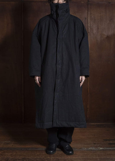 JAN-JAN VAN ESSCHE COAT#36 PADDED COAT WITH STANDING COLLAR, FULLY LINED Time Washed Canvas | Padded Deep Black