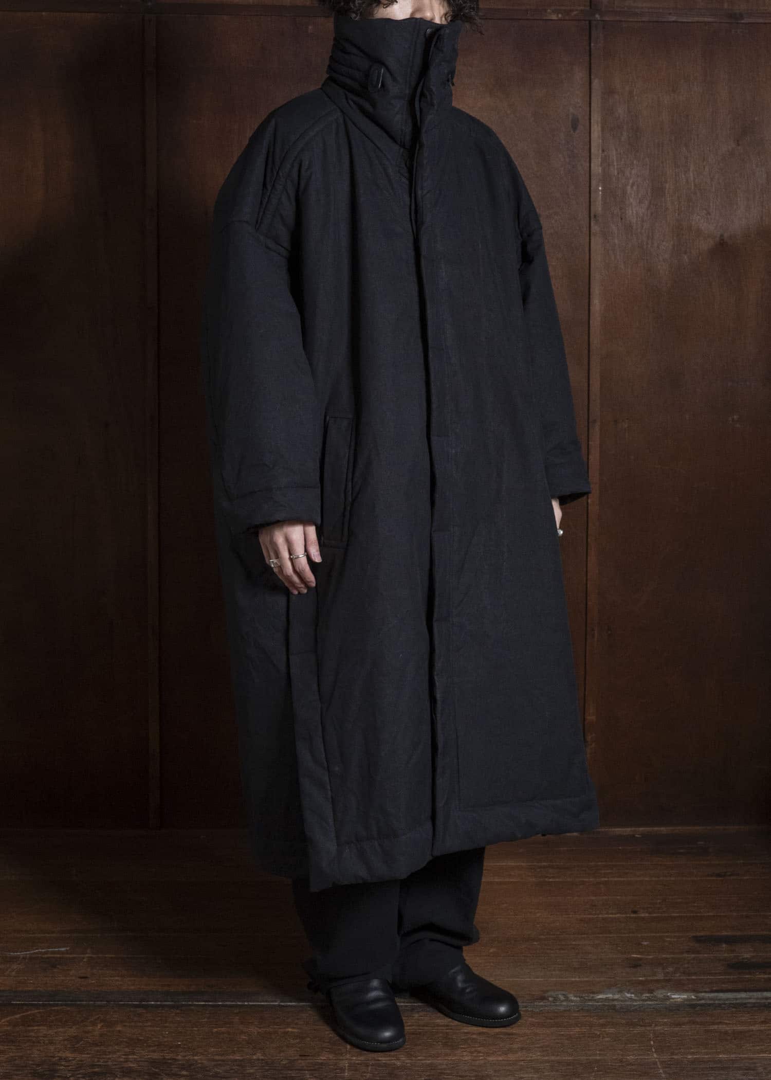JAN-JAN VAN ESSCHE COAT#36 PADDED COAT WITH STANDING COLLAR, FULLY LINED Time Washed Canvas | Padded Deep Black