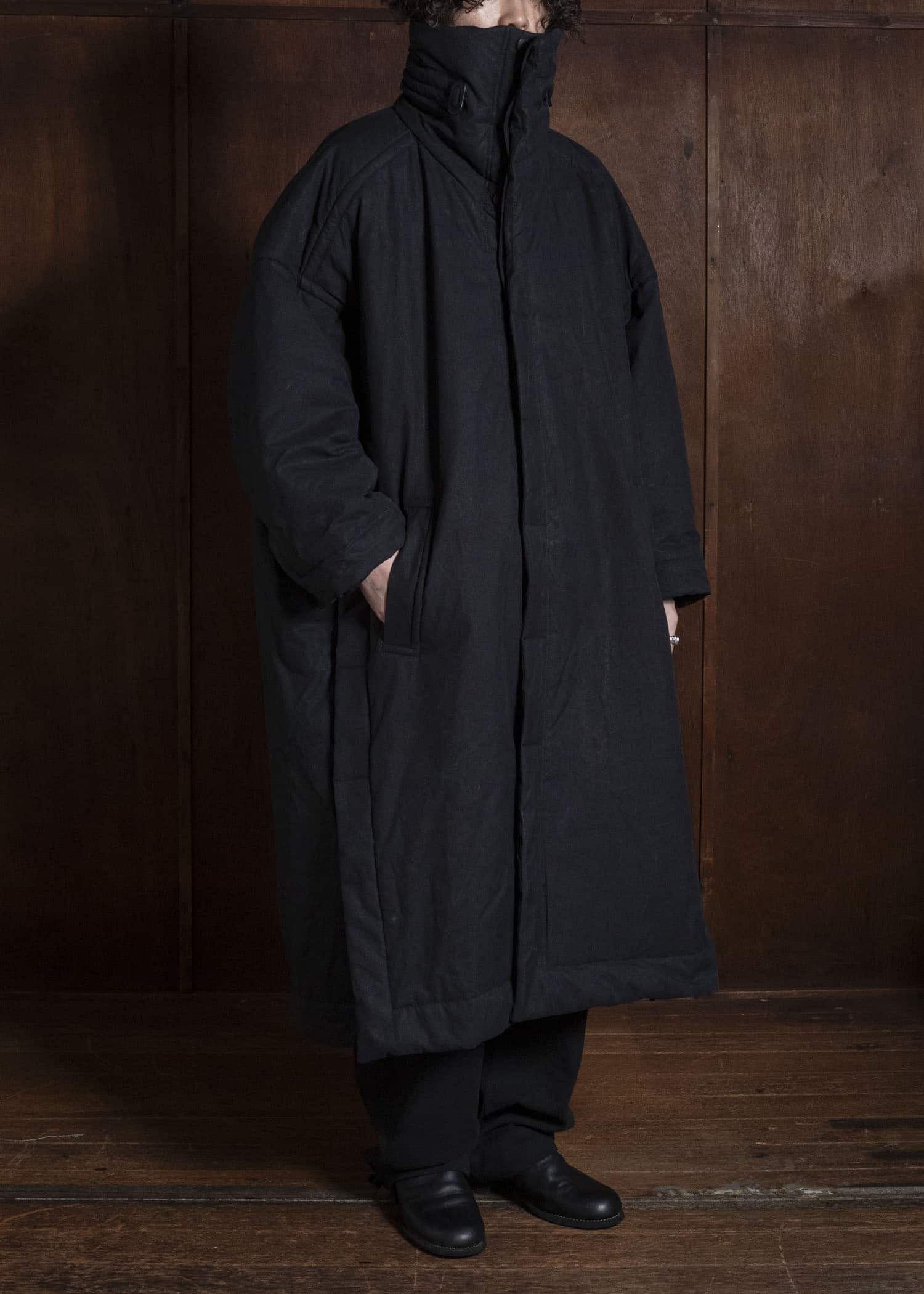 JAN-JAN VAN ESSCHE COAT#36 PADDED COAT WITH STANDING COLLAR, FULLY LINED Time Washed Canvas | Padded Deep Black