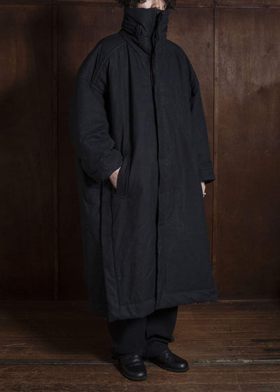 JAN-JAN VAN ESSCHE COAT#36 PADDED COAT WITH STANDING COLLAR, FULLY LINED Time Washed Canvas | Padded Deep Black