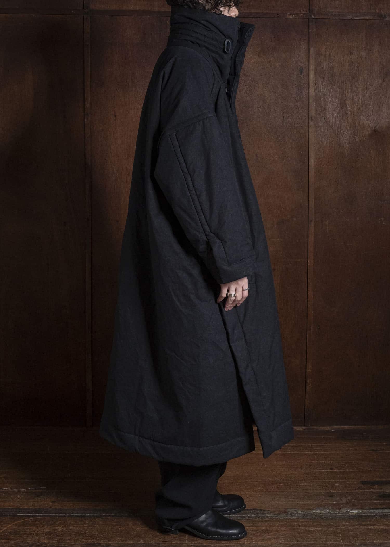JAN-JAN VAN ESSCHE COAT#36 PADDED COAT WITH STANDING COLLAR, FULLY LINED Time Washed Canvas | Padded Deep Black