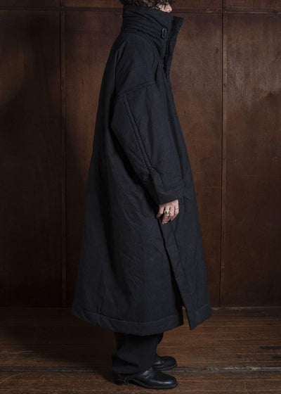 JAN-JAN VAN ESSCHE COAT#36 PADDED COAT WITH STANDING COLLAR, FULLY LINED Time Washed Canvas | Padded Deep Black