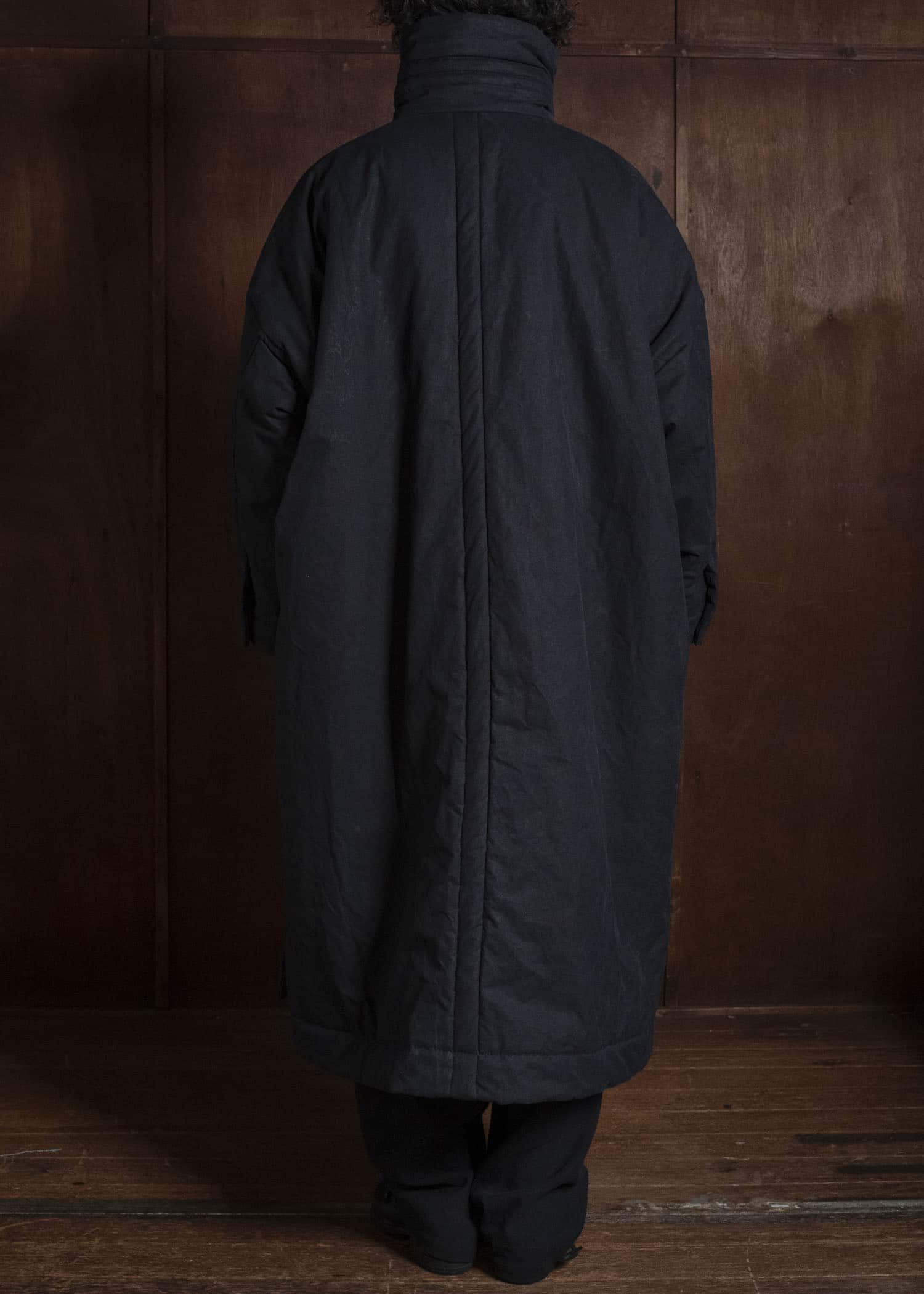 JAN-JAN VAN ESSCHE COAT#36 PADDED COAT WITH STANDING COLLAR, FULLY LINED Time Washed Canvas | Padded Deep Black