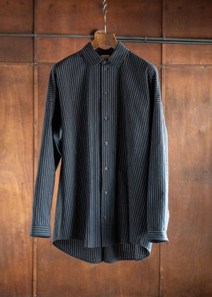 JAN-JAN VAN ESSCHE SHIRT#100 LOOSE DRESS SHIRT, BUTTON-UP AND ASYMMETRICAL PLEAT IN THE BACK COTTON SHIRTING BLACK STRIPED