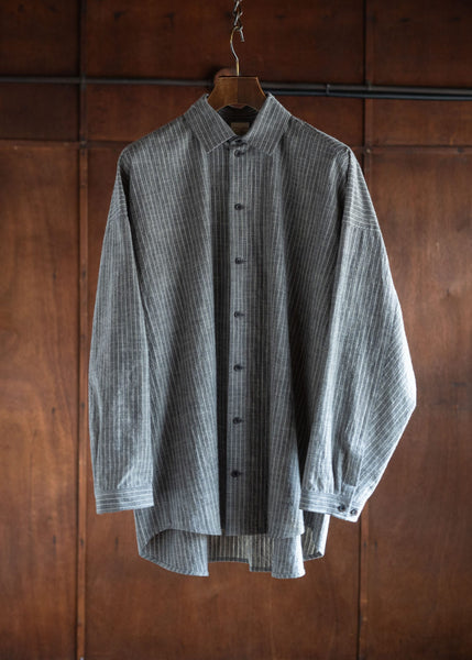 JAN-JAN VAN ESSCHE SHIRT#100 LOOSE DRESS SHIRT, BUTTON-UP AND ASYMMETRICAL PLEAT IN THE BACK COTTON SHIRTING GREY STRIPED