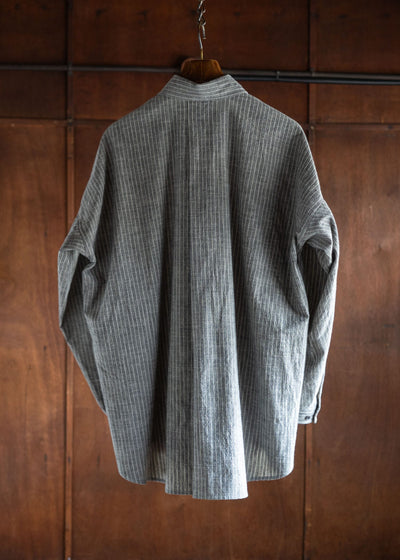 JAN-JAN VAN ESSCHE SHIRT#100 LOOSE DRESS SHIRT, BUTTON-UP AND ASYMMETRICAL PLEAT IN THE BACK COTTON SHIRTING GREY STRIPED
