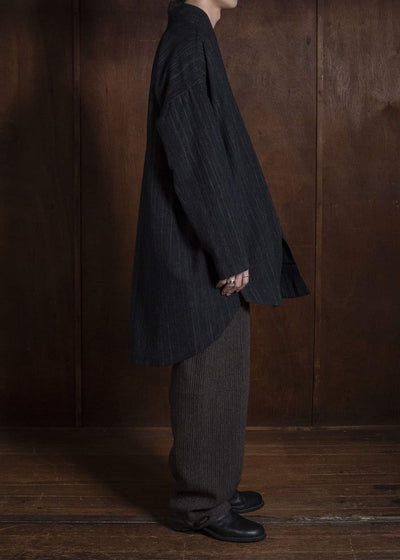 JAN-JAN VAN ESSCHE TUNIC#42 KIMONO COLLAR LOOSE FIT TUNIC WITH KNIFE PLEAT Wool Cotton Cloth | Striped