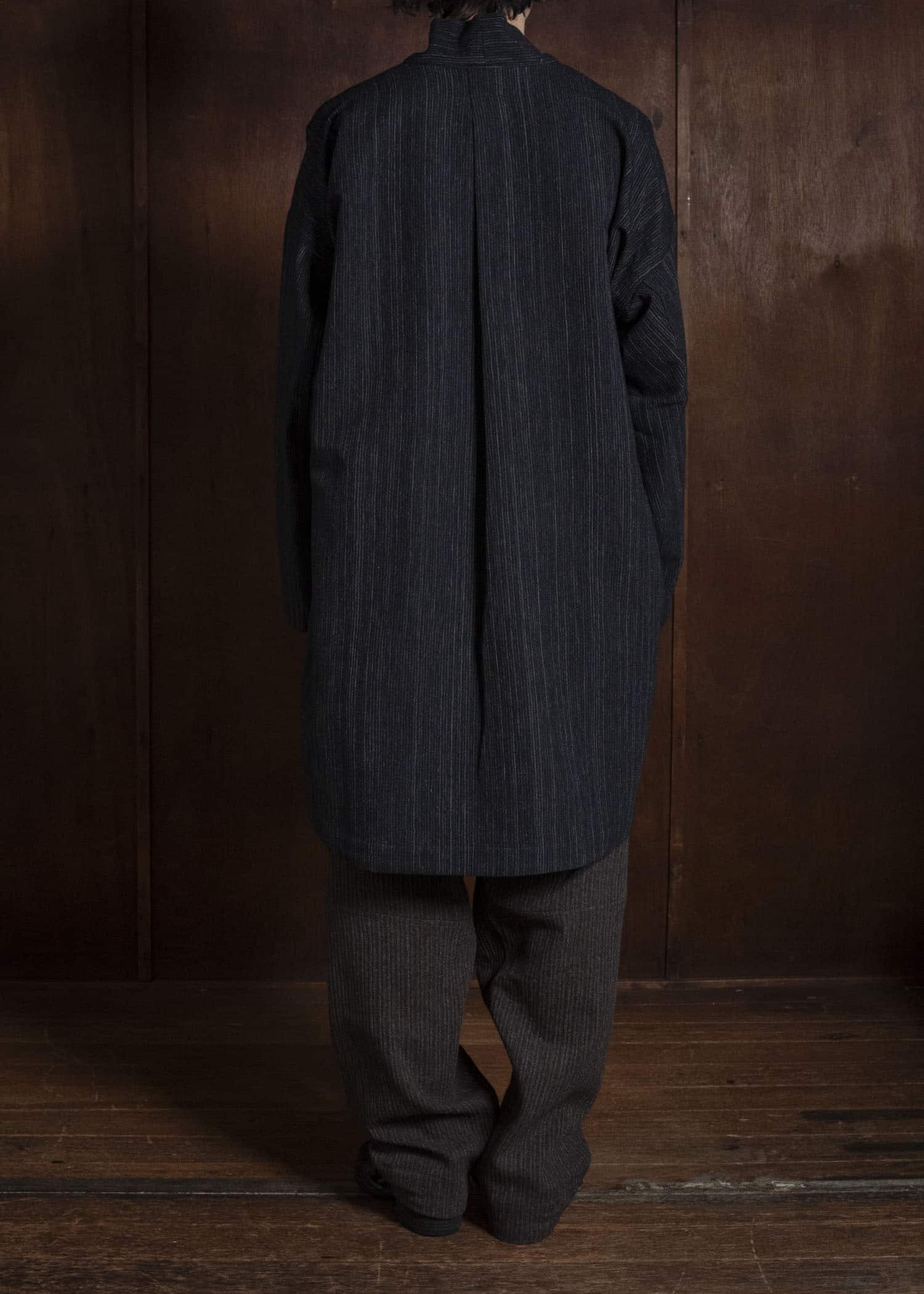 JAN-JAN VAN ESSCHE TUNIC#42 KIMONO COLLAR LOOSE FIT TUNIC WITH KNIFE PLEAT Wool Cotton Cloth | Striped