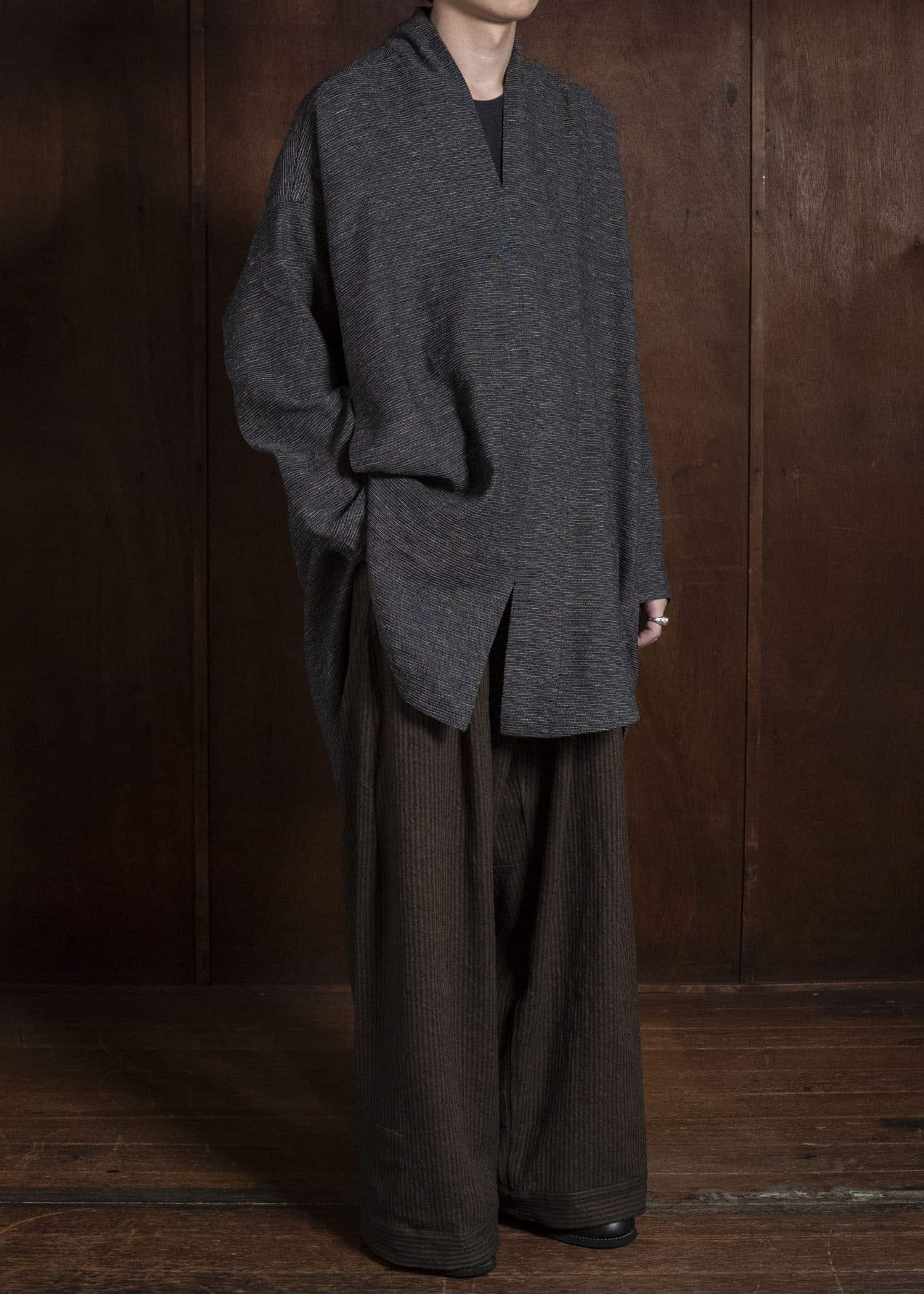 JAN-JAN VAN ESSCHE TROUSERS#93 DOUBLE PLEATED TROUSERS WITH BUTTONSYSTEM AT HEM Hemp Co Reed Twill | Khaki Striped