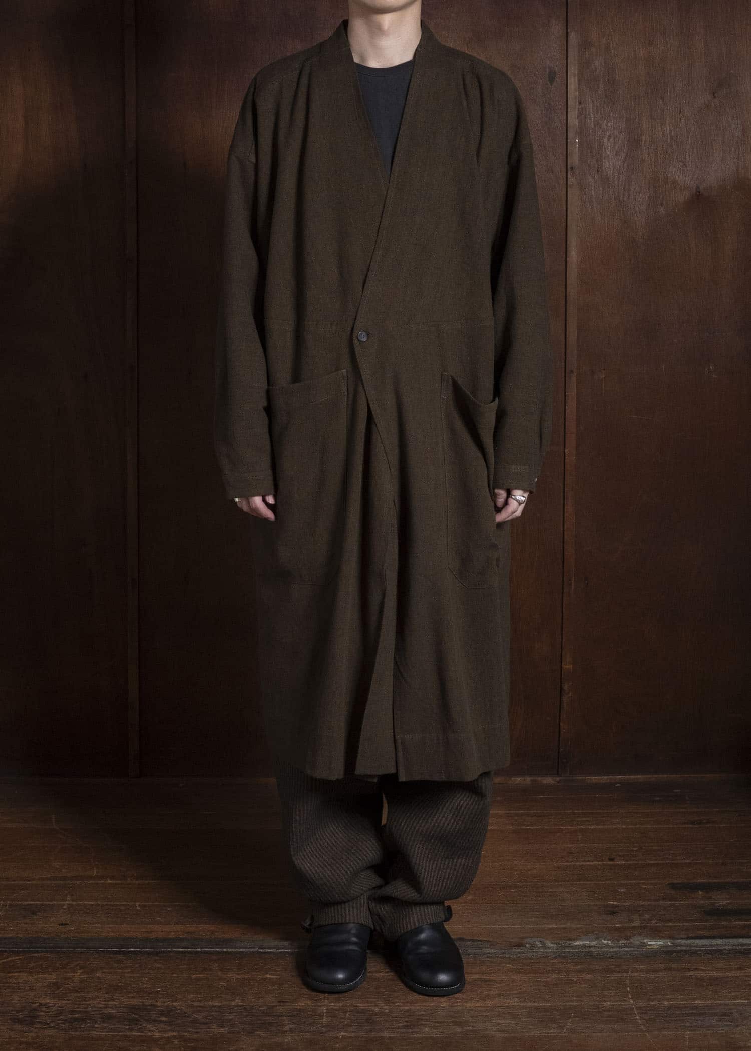 JAN-JAN VAN ESSCHE TROUSERS#94 TROUSERS WITH ELASTIC WAIST, PATCH POCKETS Hemp Co Reed Twill | Khaki Striped