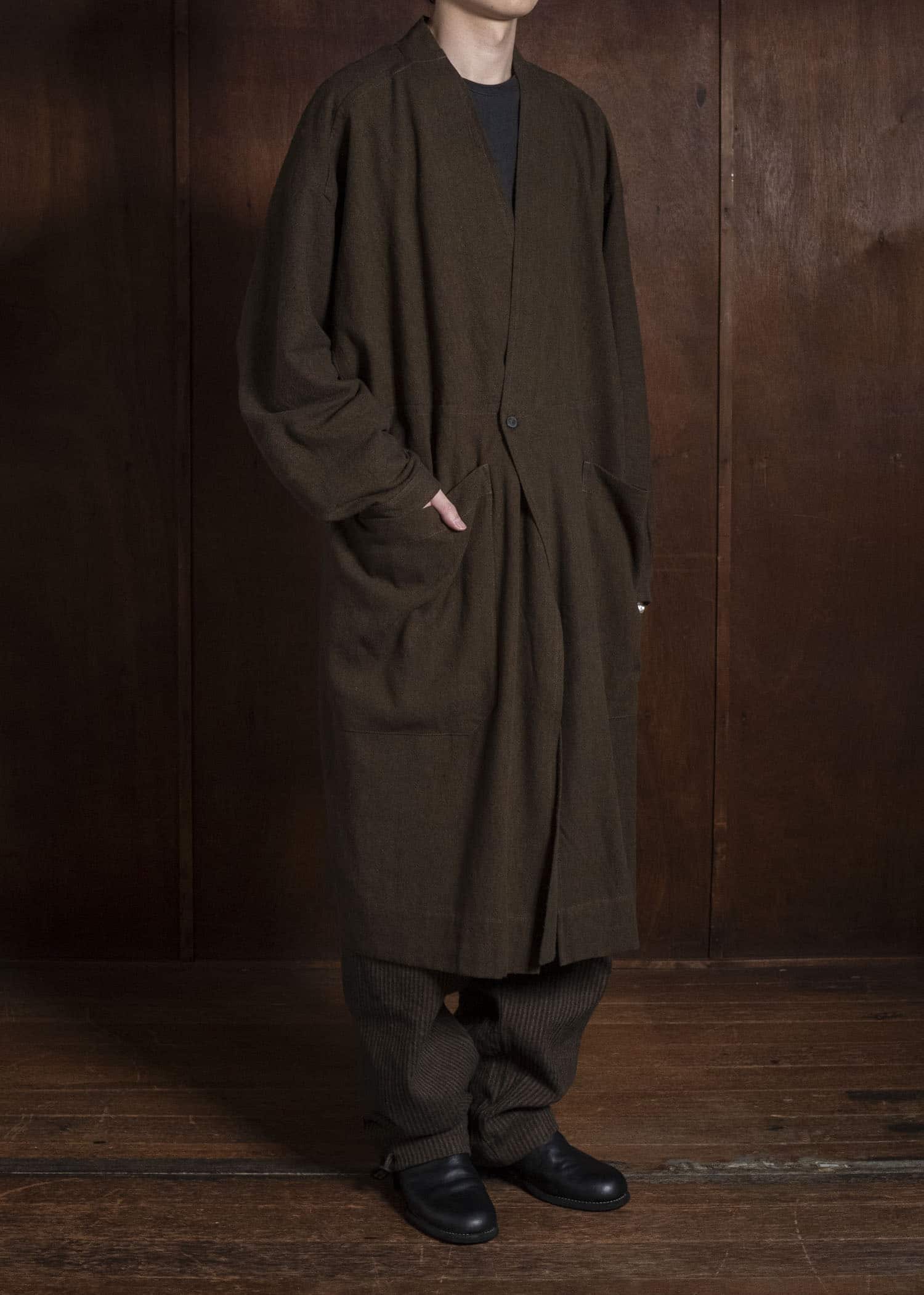 JAN-JAN VAN ESSCHE TROUSERS#94 TROUSERS WITH ELASTIC WAIST, PATCH POCKETS Hemp Co Reed Twill | Khaki Striped