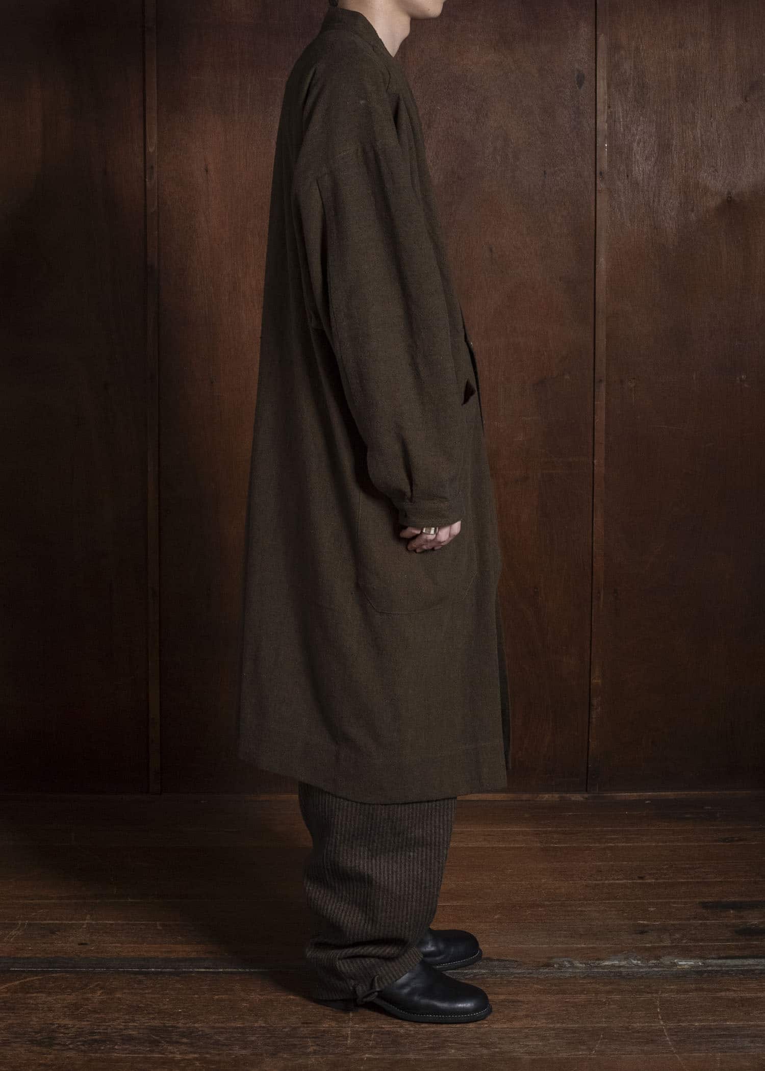 JAN-JAN VAN ESSCHE TROUSERS#94 TROUSERS WITH ELASTIC WAIST, PATCH POCKETS Hemp Co Reed Twill | Khaki Striped