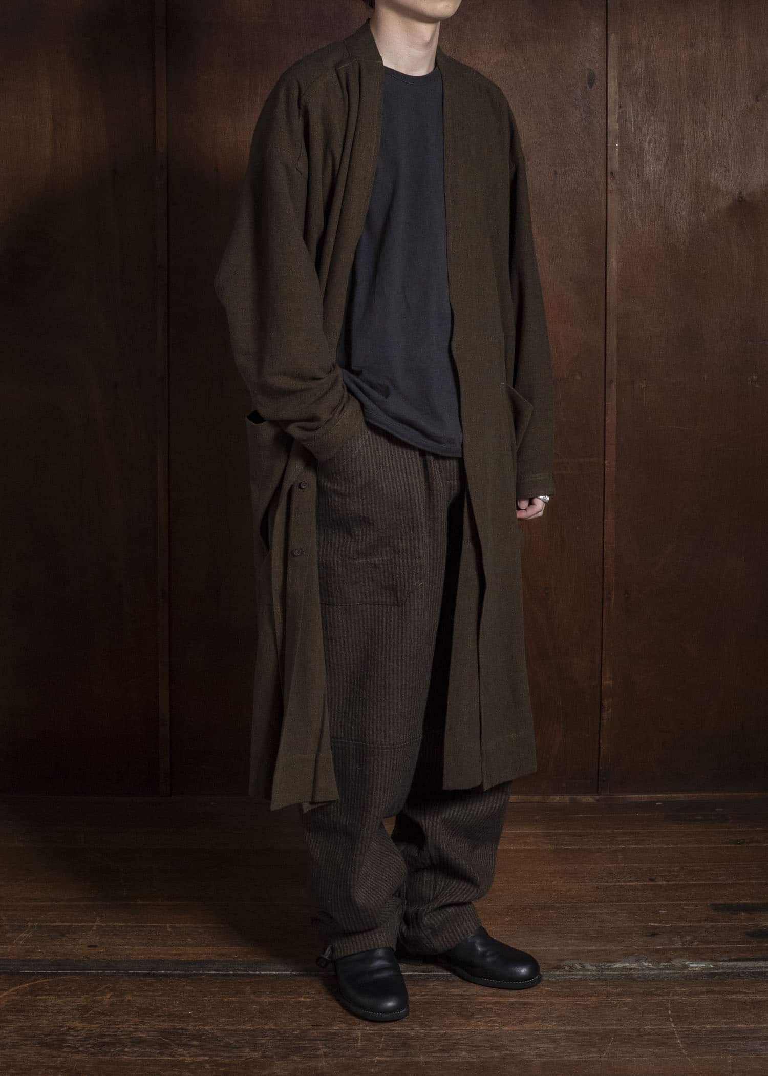 JAN-JAN VAN ESSCHE TROUSERS#94 TROUSERS WITH ELASTIC WAIST, PATCH POCKETS Hemp Co Reed Twill | Khaki Striped