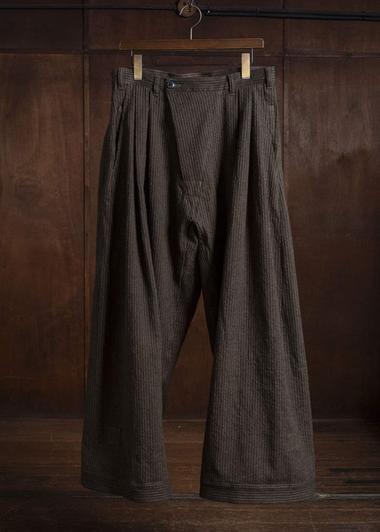 JAN-JAN VAN ESSCHE TROUSERS#93 DOUBLE PLEATED TROUSERS WITH BUTTONSYSTEM AT HEM Hemp Co Reed Twill | Khaki Striped