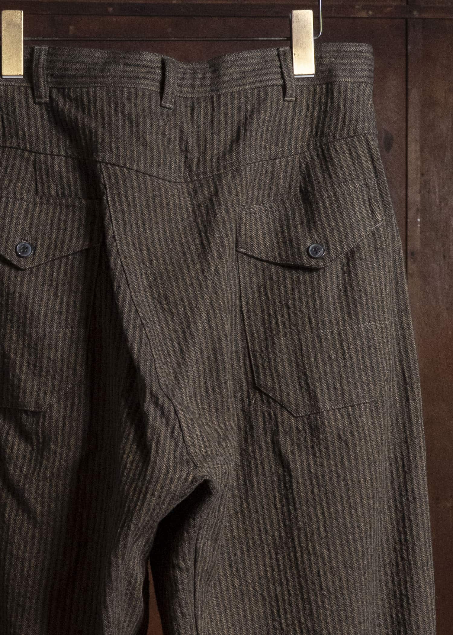 JAN-JAN VAN ESSCHE TROUSERS#93 DOUBLE PLEATED TROUSERS WITH BUTTONSYSTEM AT HEM Hemp Co Reed Twill | Khaki Striped