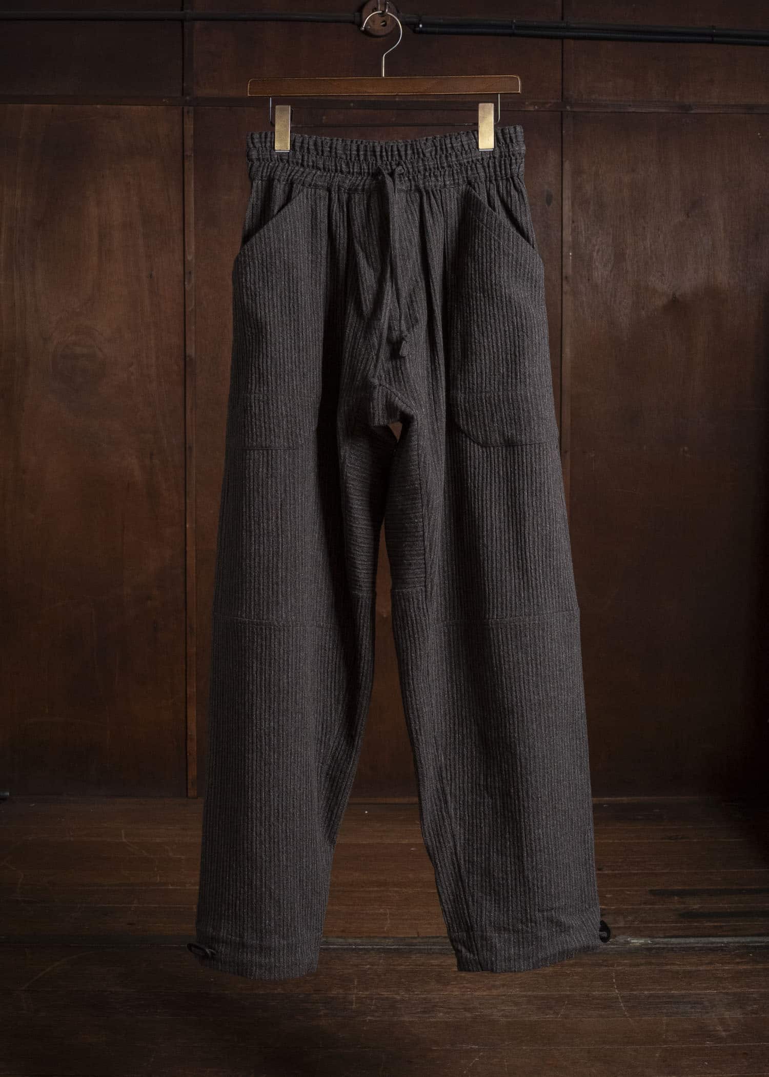 JAN-JAN VAN ESSCHE TROUSERS#94 TROUSERS WITH ELASTIC WAIST, PATCH POCKETS Yak Wo Linen Cotton | Brown Striped