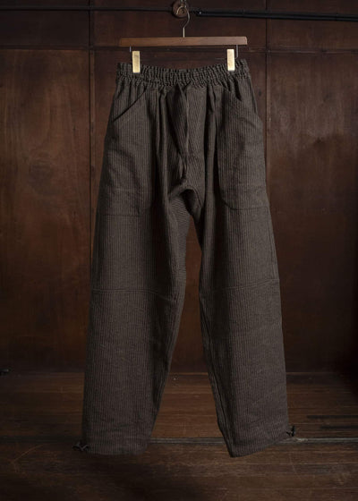 JAN-JAN VAN ESSCHE TROUSERS#94 TROUSERS WITH ELASTIC WAIST, PATCH POCKETS Hemp Co Reed Twill | Khaki Striped