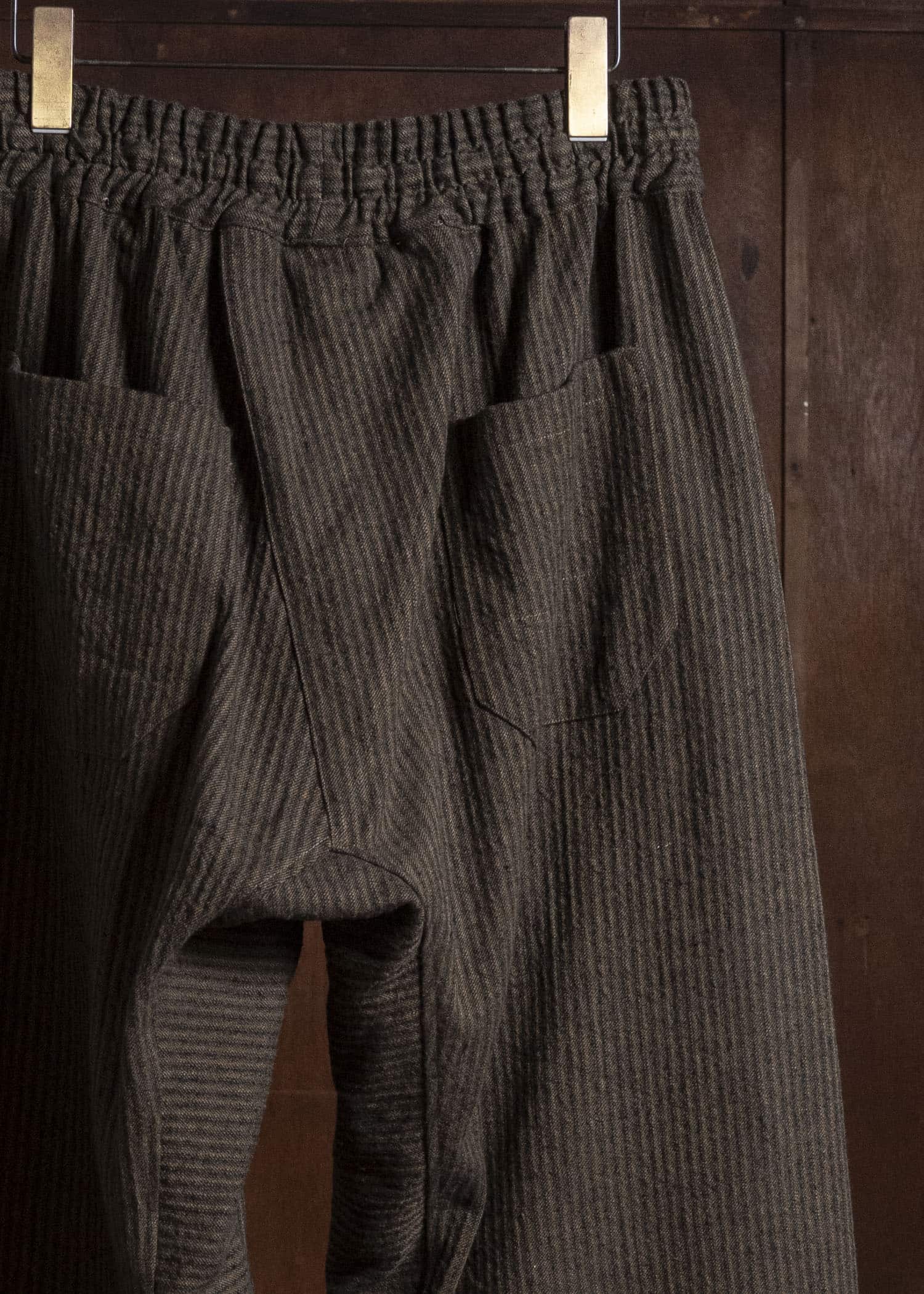 JAN-JAN VAN ESSCHE TROUSERS#94 TROUSERS WITH ELASTIC WAIST, PATCH POCKETS Hemp Co Reed Twill | Khaki Striped