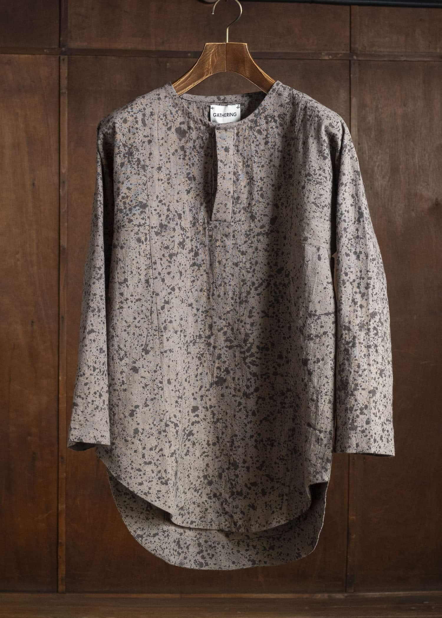 Gathering Textiles Fisherman Shirt (Curved) Linen Cotton Blend , Naturally Rain Dyed Black And Clay FIS02-LC-SB