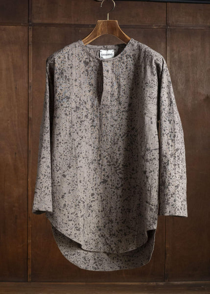 Gathering Textiles Fisherman Shirt (Curved) Linen Cotton Blend , Naturally Rain Dyed Black And Clay FIS02-LC-SB