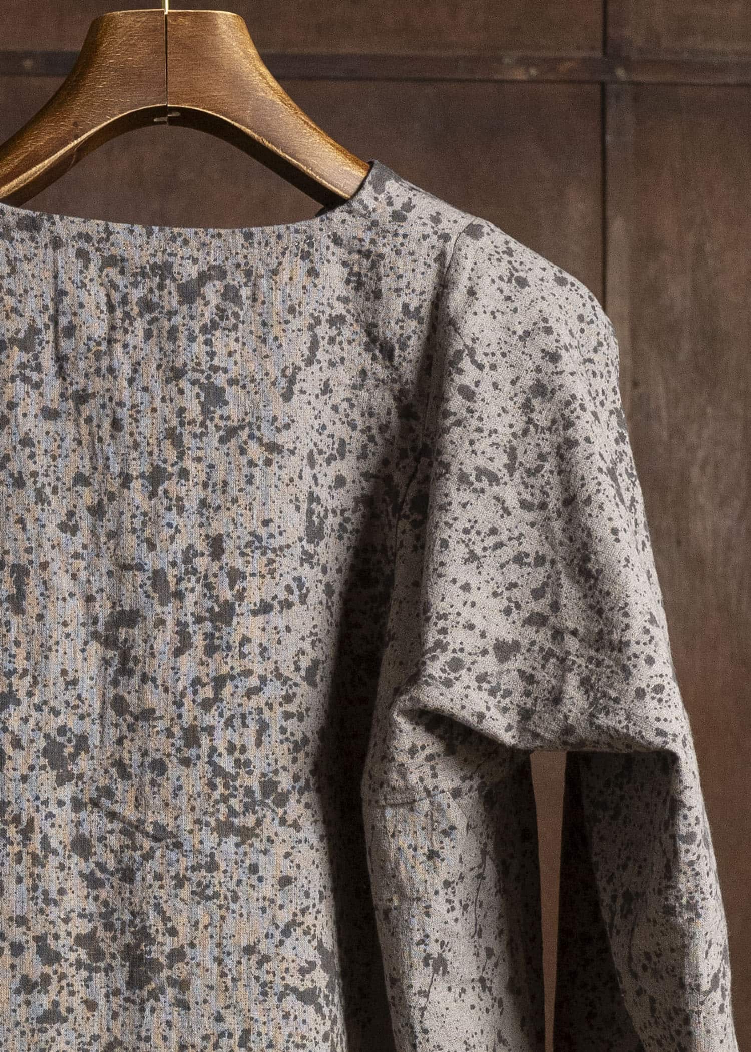 Gathering Textiles Fisherman Shirt (Curved) Linen Cotton Blend , Naturally Rain Dyed Black And Clay FIS02-LC-SB