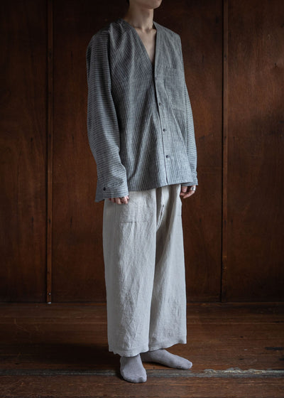 JAN-JAN VAN ESSCHE JAN-JAN VAN ESSCHE ヤンヤン ヴァン エシュ SHIRT#99 LOOSE FIT SHIRT WITH DEEP V-NECK COTTON SHIRTING GREY STRIPED メンズ