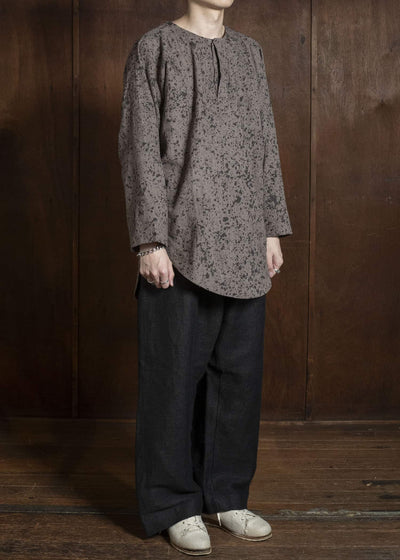 Gathering Textiles Fisherman Shirt (Curved) Linen Cotton Blend, Naturally Rain Dyed Black And Clay FIS02-LC-SB