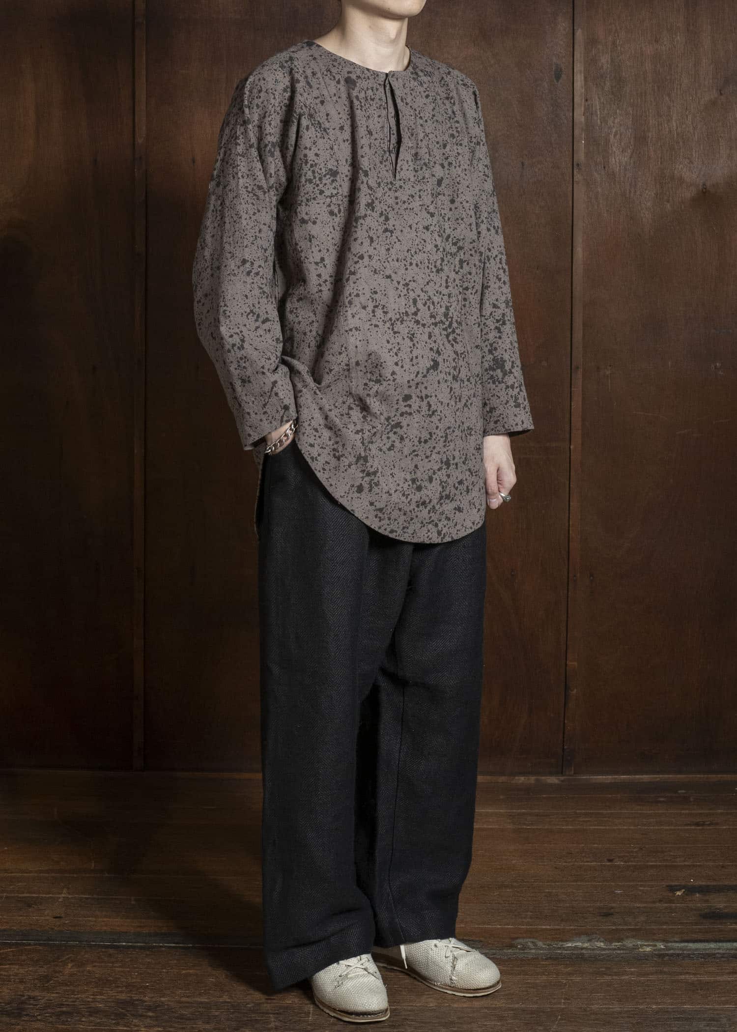 Gathering Textiles Fisherman Shirt (Curved) Linen Cotton Blend , Naturally Rain Dyed Black And Clay FIS02-LC-SB