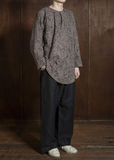 Gathering Textiles Fisherman Shirt (Curved) Linen Cotton Blend, Naturally Rain Dyed Black And Clay FIS02-LC-SB