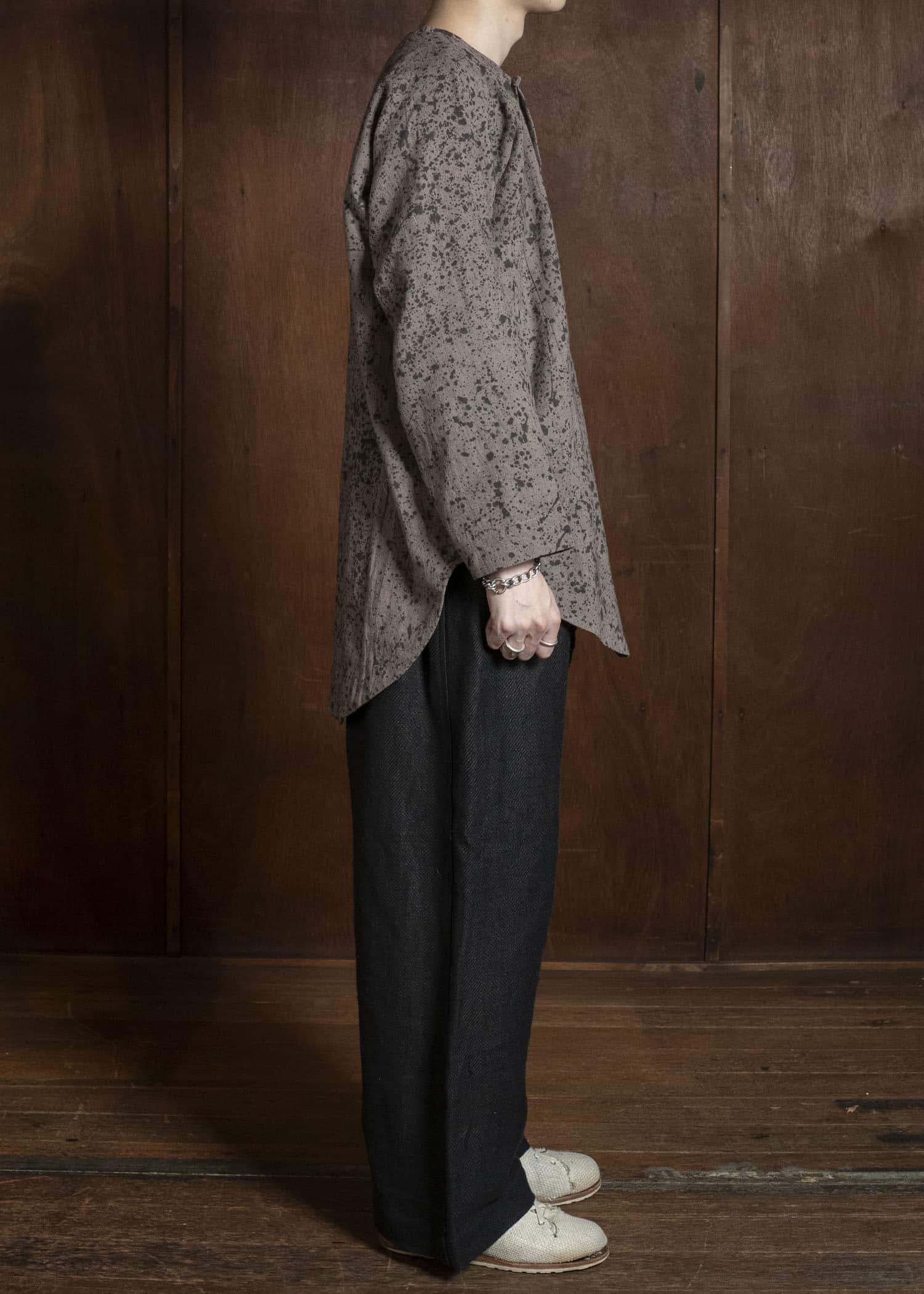 Gathering Textiles Fisherman Shirt (Curved) Linen Cotton Blend , Naturally Rain Dyed Black And Clay FIS02-LC-SB