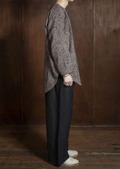 Gathering Textiles Fisherman Shirt (Curved) Linen Cotton Blend, Naturally Rain Dyed Black And Clay FIS02-LC-SB