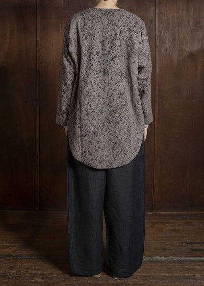 Gathering Textiles Fisherman Shirt (Curved) Linen Cotton Blend, Naturally Rain Dyed Black And Clay FIS02-LC-SB