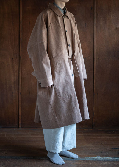 JAN-JAN VAN ESSCHE COAT#29 LONG, LOOSE FIT COAT COTTON DENIM KAKISHIBU