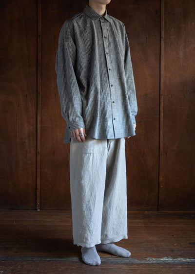 JAN-JAN VAN ESSCHE SHIRT#100 LOOSE DRESS SHIRT, BUTTON-UP AND ASYMMETRICAL PLEAT IN THE BACK COTTON SHIRTING GREY STRIPED