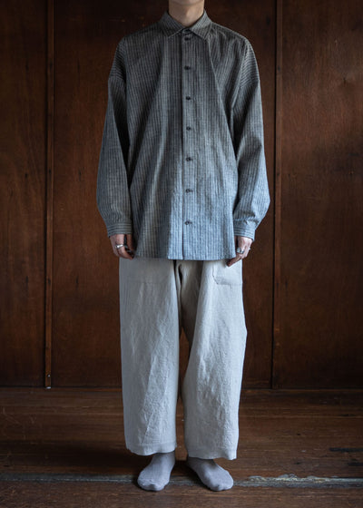 JAN-JAN VAN ESSCHE SHIRT#100 LOOSE DRESS SHIRT, BUTTON-UP AND ASYMMETRICAL PLEAT IN THE BACK COTTON SHIRTING GREY STRIPED