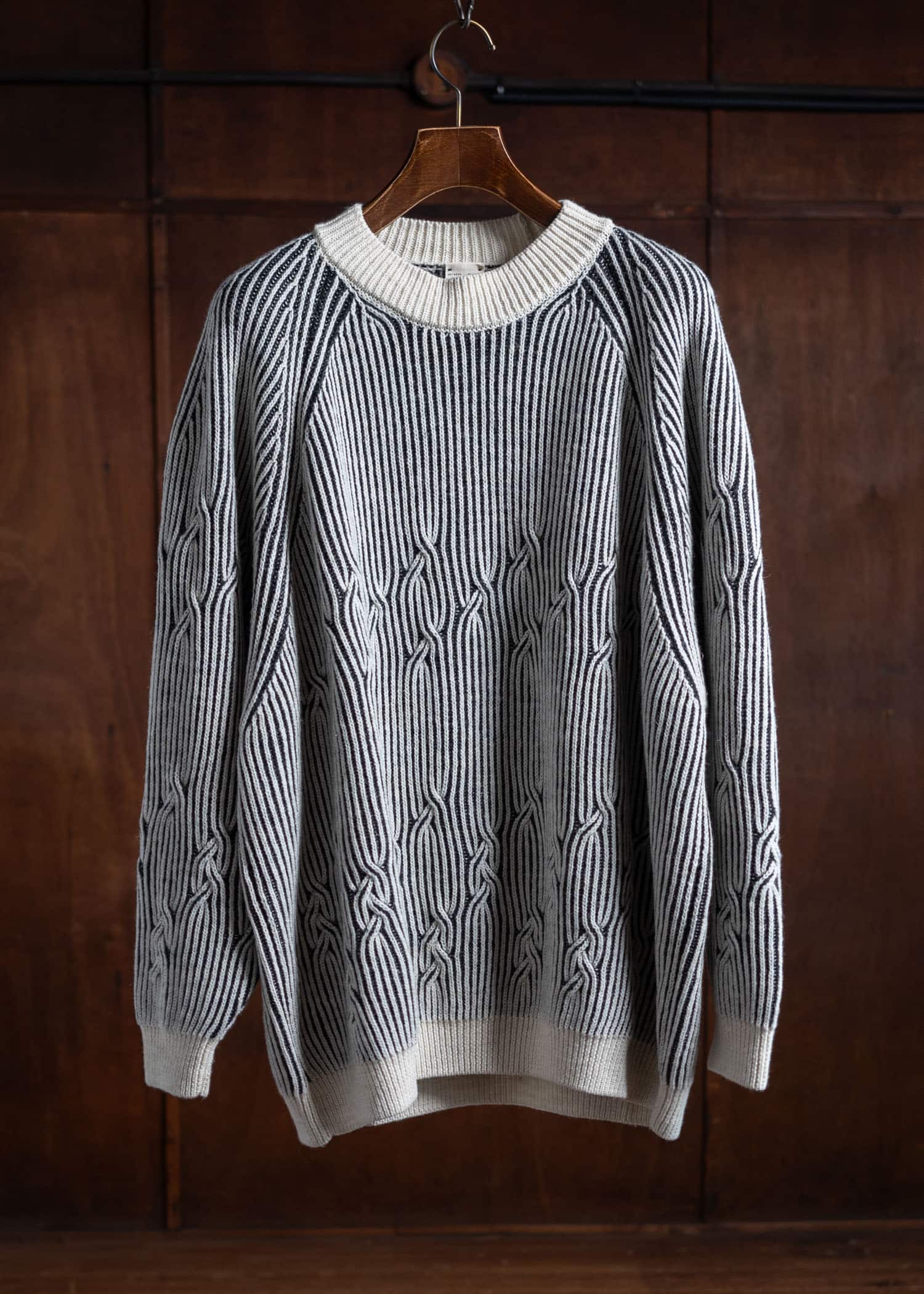 JAN-JAN VAN ESSCHE KNIT#66 Wide Fit Cable Knitted Crew Neck Sweater Knits Wool Lino White-Anthracite